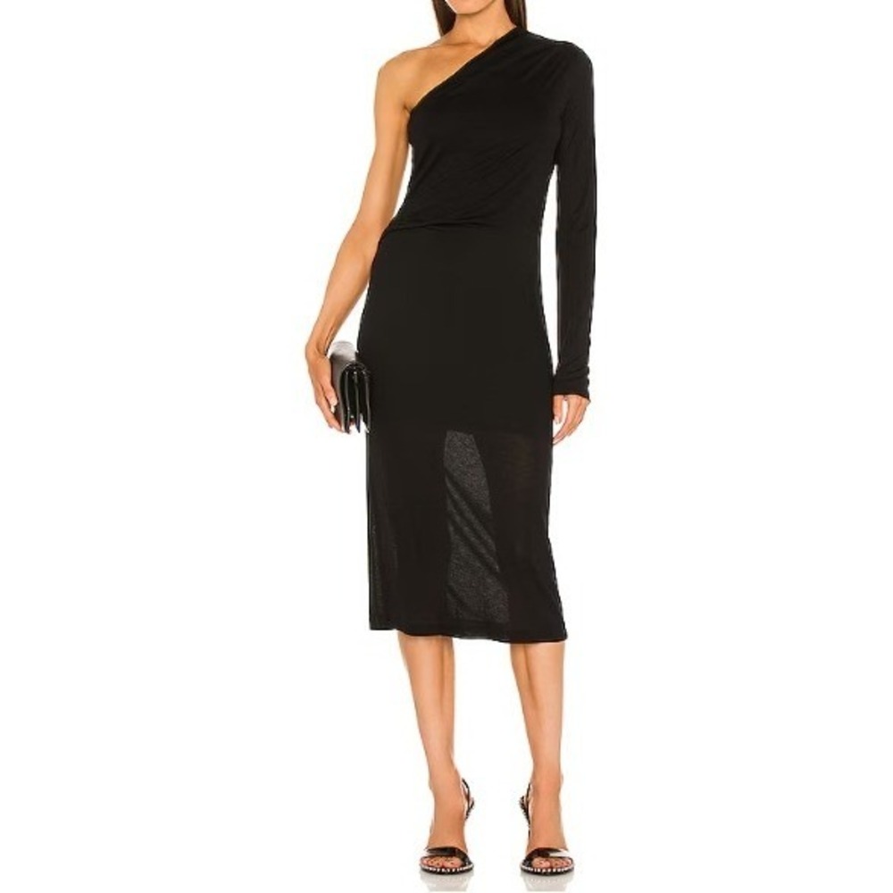 Helmut Lang One Sleeve Midi Dress Basalt Black Long Sleeve Ruched Womens Medium